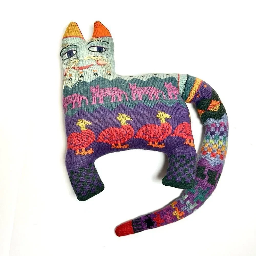 Pair Vintage 1986 Handloomed Wool Folk Art Cat Pillows Soft Sculptures Signed